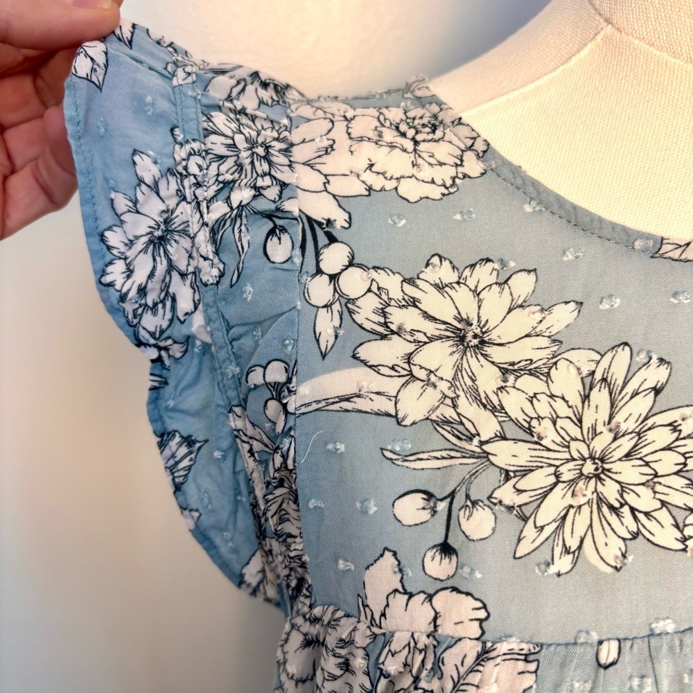 Pleione Floral Blue Cap Ruffle Sleeve Women's Top - Picture 10 of 14